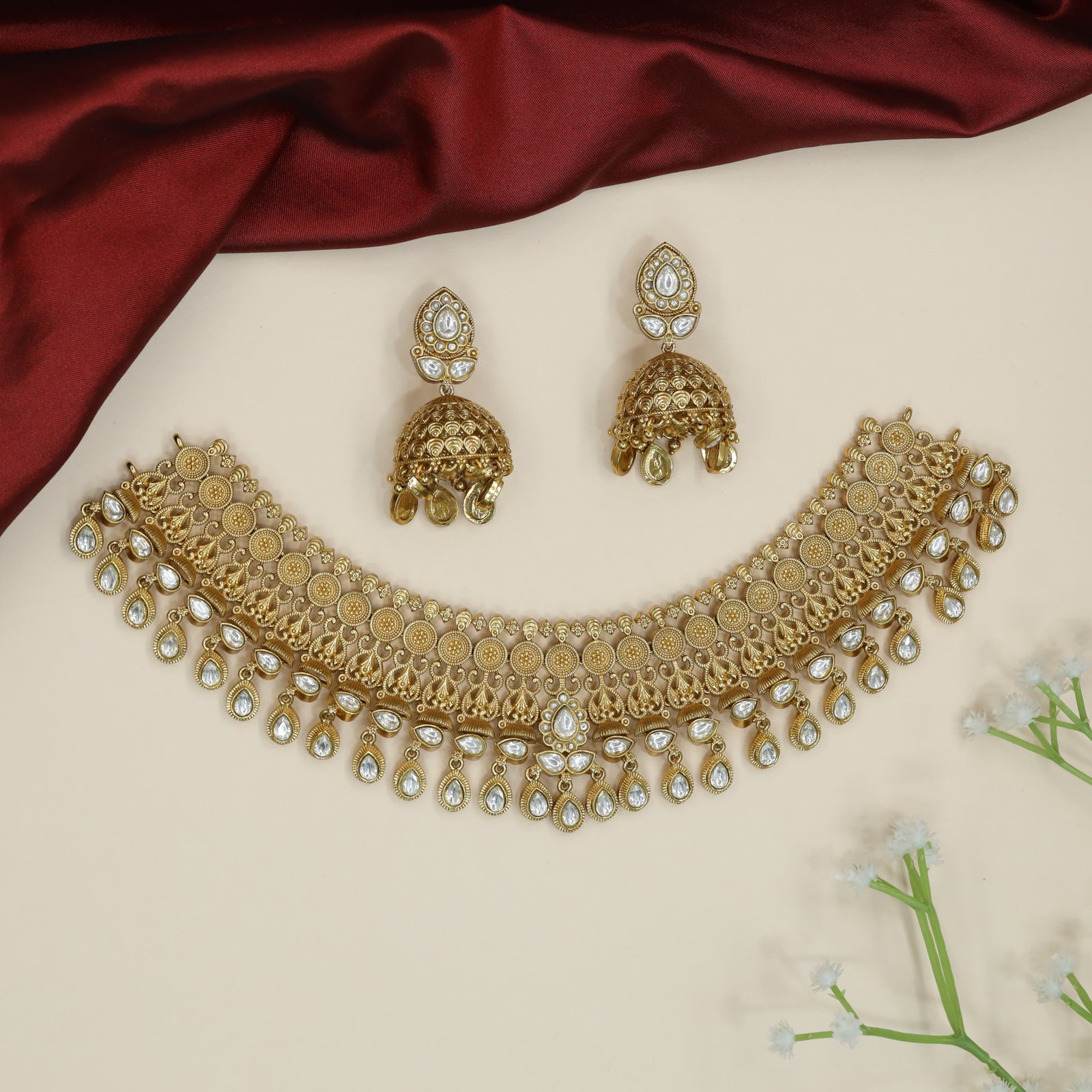 Majestic Bridal Kundan Choker with Hanging Stone Borders