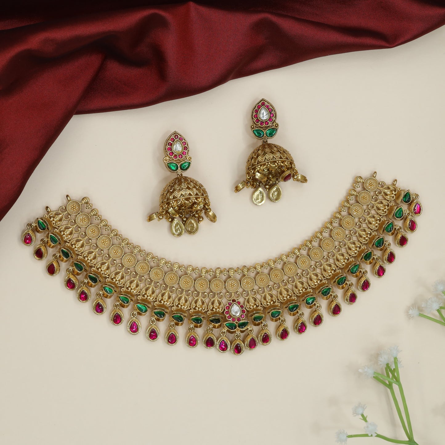 Majestic Bridal Kundan Choker with Hanging Stone Borders