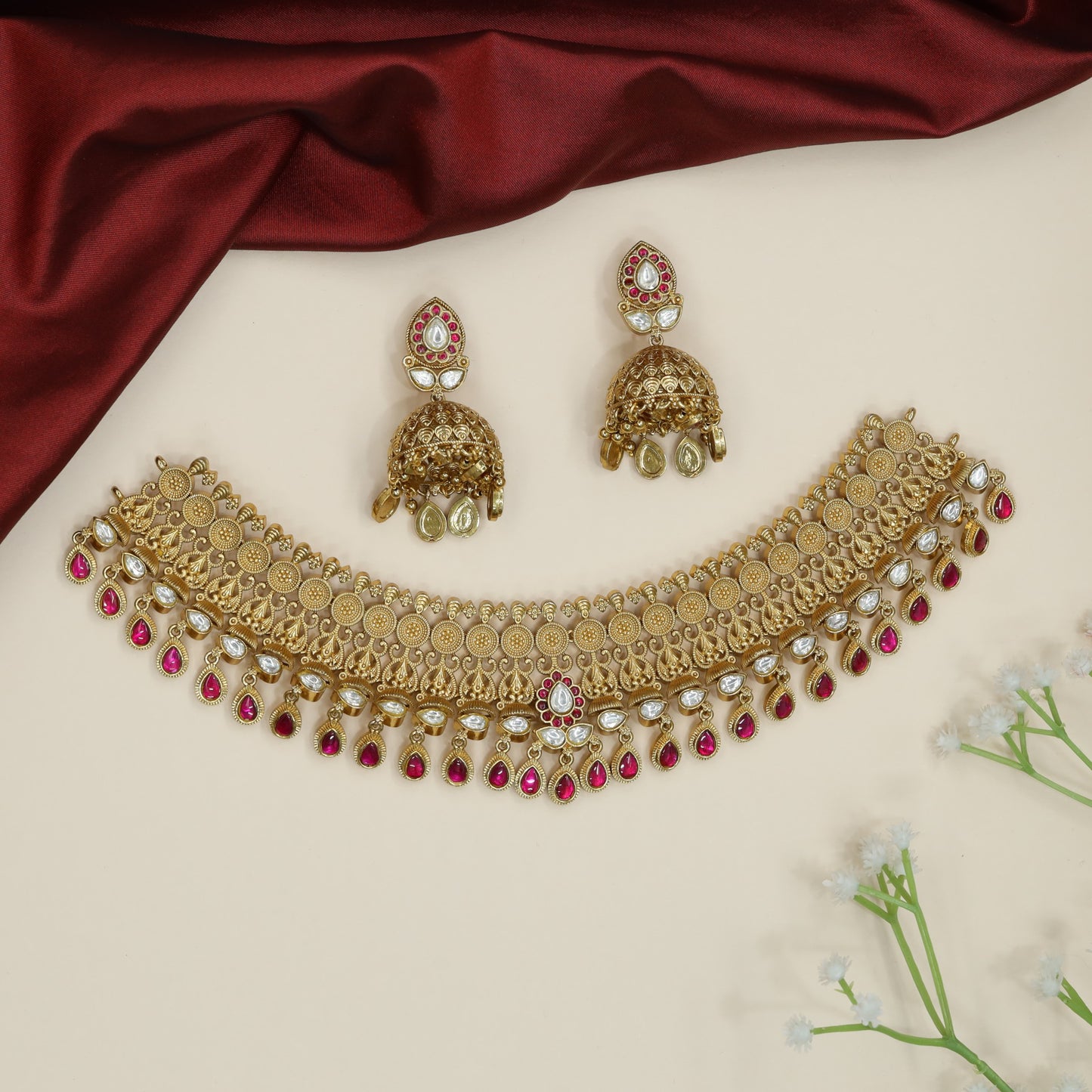 Majestic Bridal Kundan Choker with Hanging Stone Borders