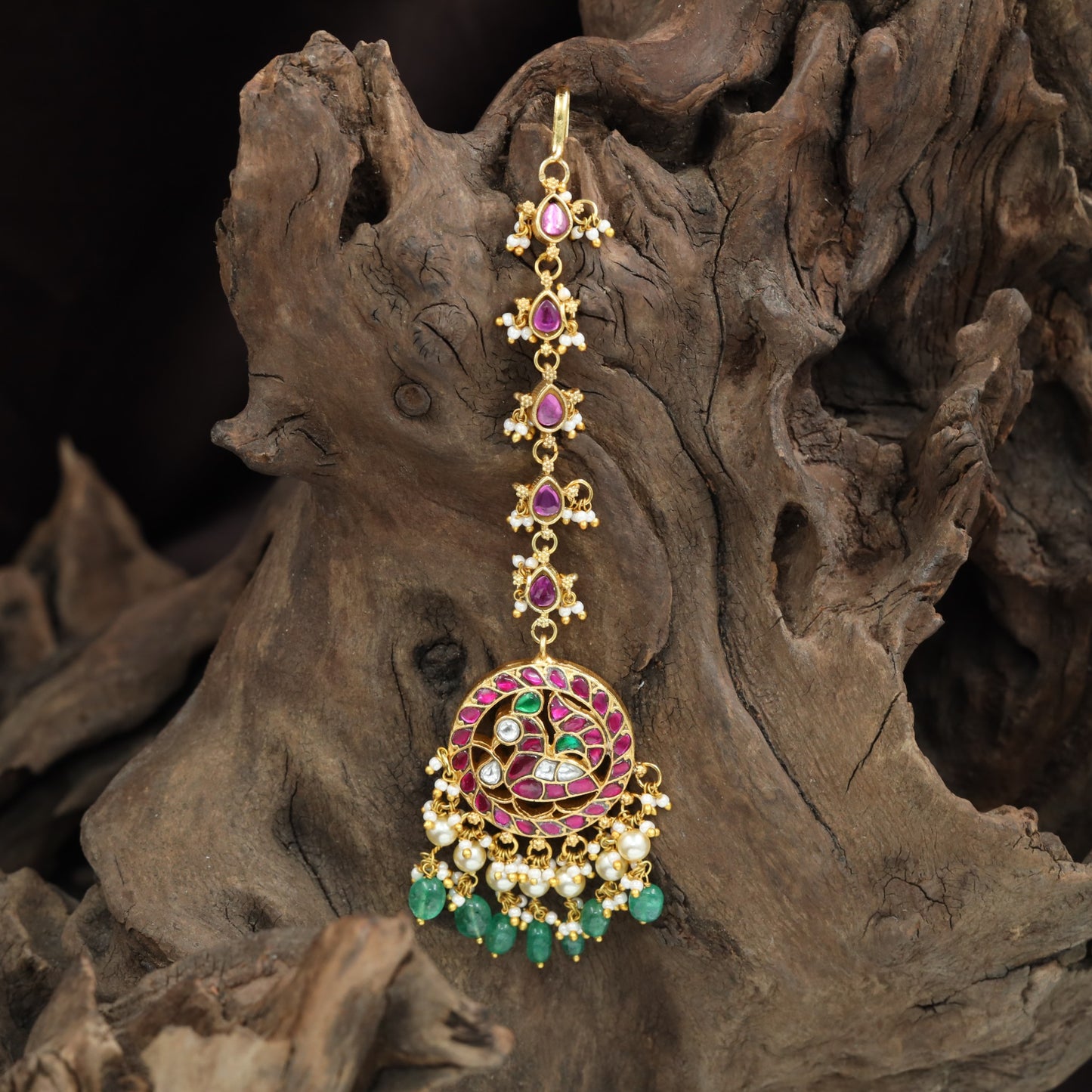 Peacock Disc Jadau Tikka with Hanging Pearl Fringe