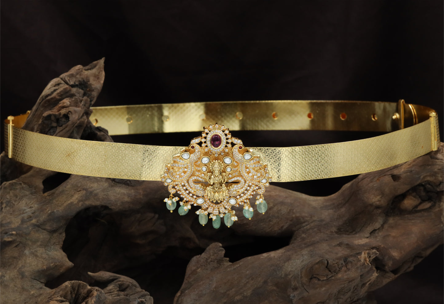 Floral Mesh Antique Dabu with Lakshmi Crest and Hanging Drops