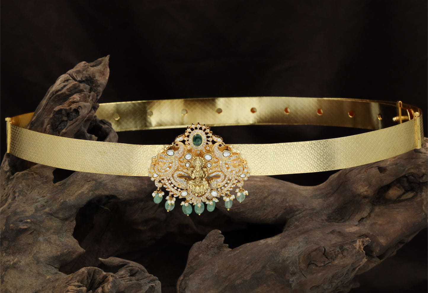 Floral Mesh Antique Dabu with Lakshmi Crest and Hanging Drops