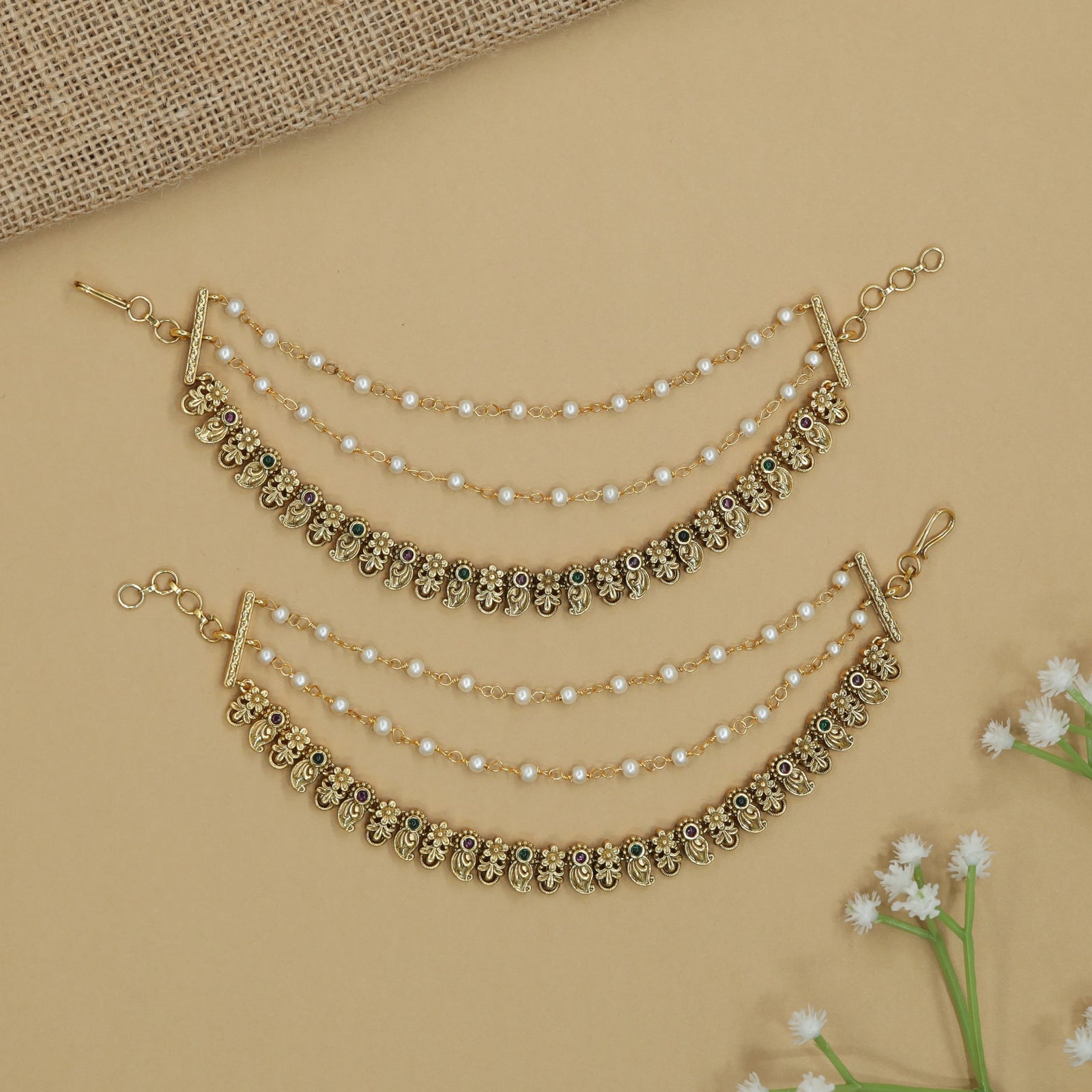 Hanging Pearl Antique Mati with Floral Connectors and Curved Layout