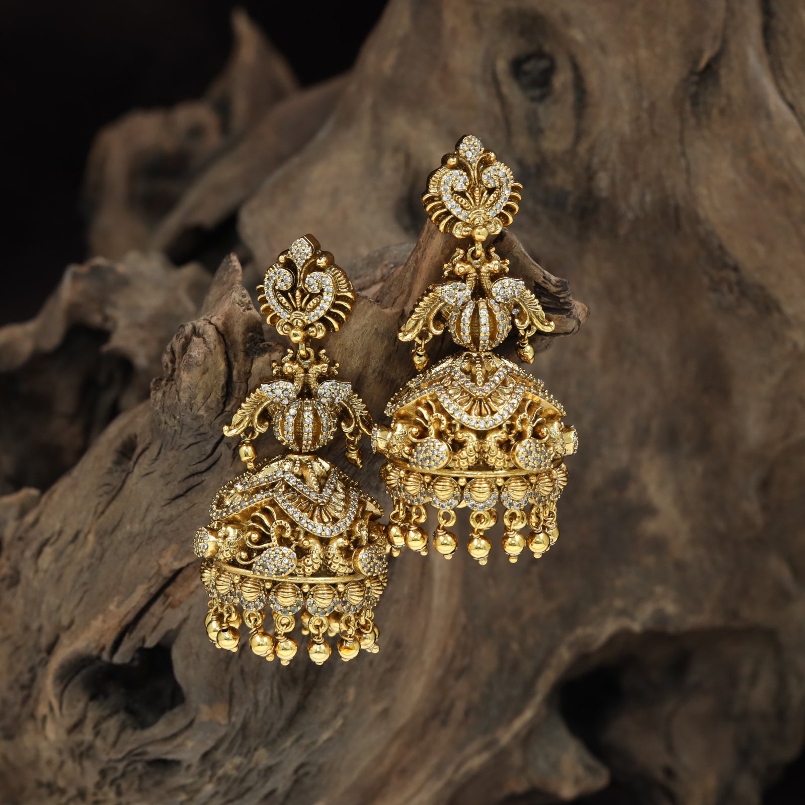 Temple Bell Antique Jumka with Carved Dome and Hanging Clusters
