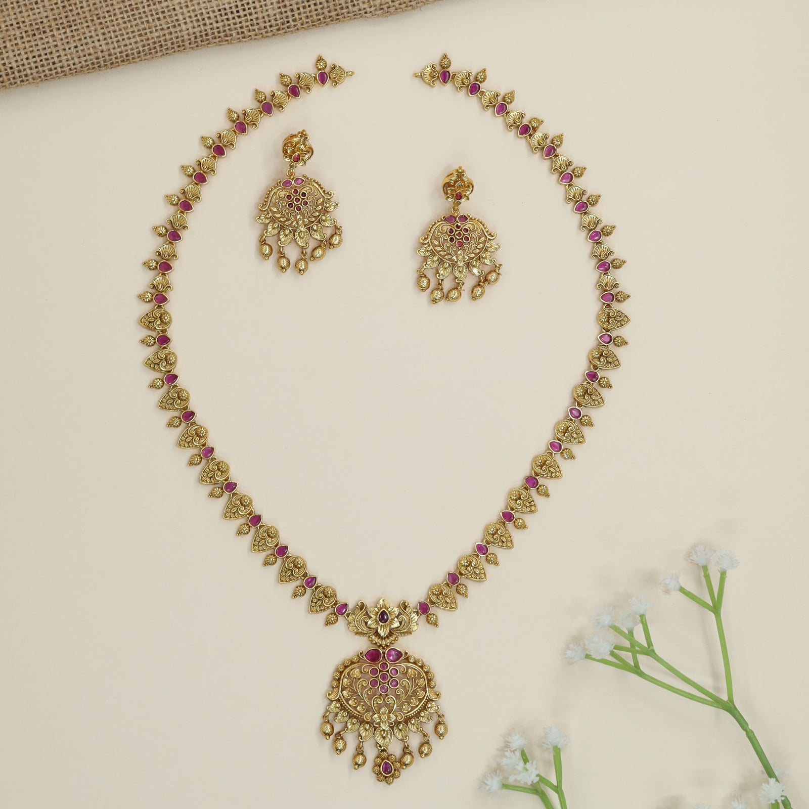 Floral Border Antique Long Haara with Hanging Charms and Pendant Frame