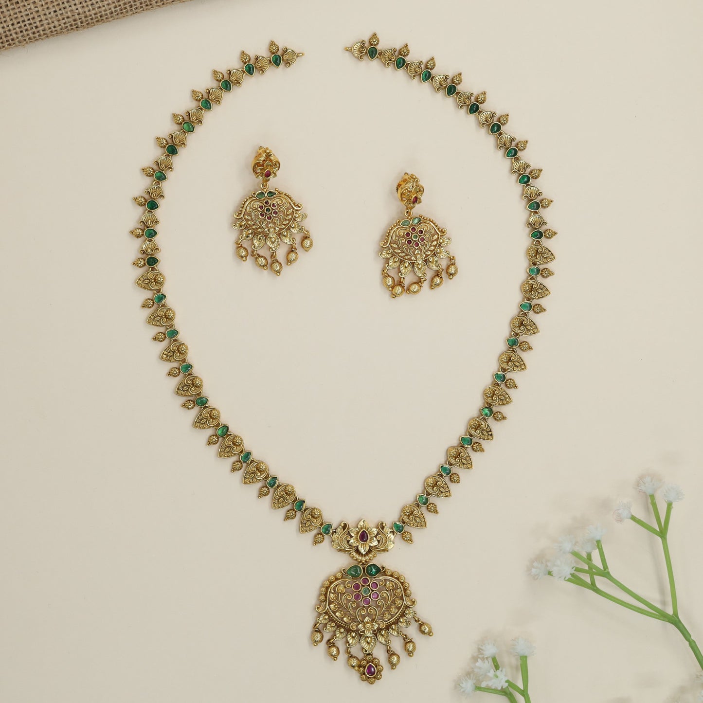 Floral Border Antique Long Haara with Hanging Charms and Pendant Frame