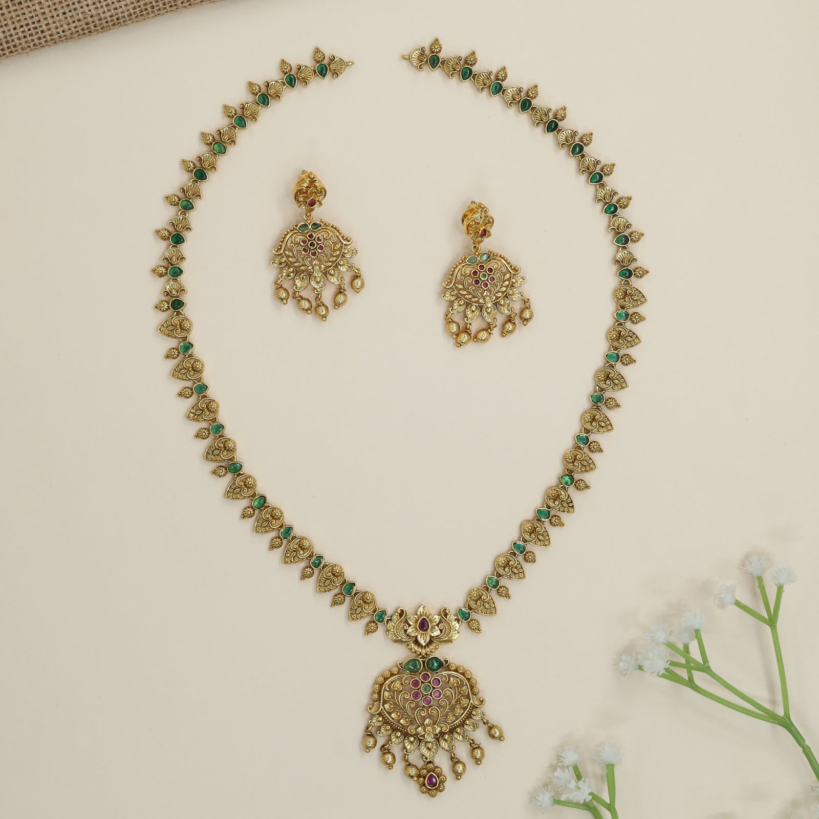 Floral Border Antique Long Haara with Hanging Charms and Pendant Frame