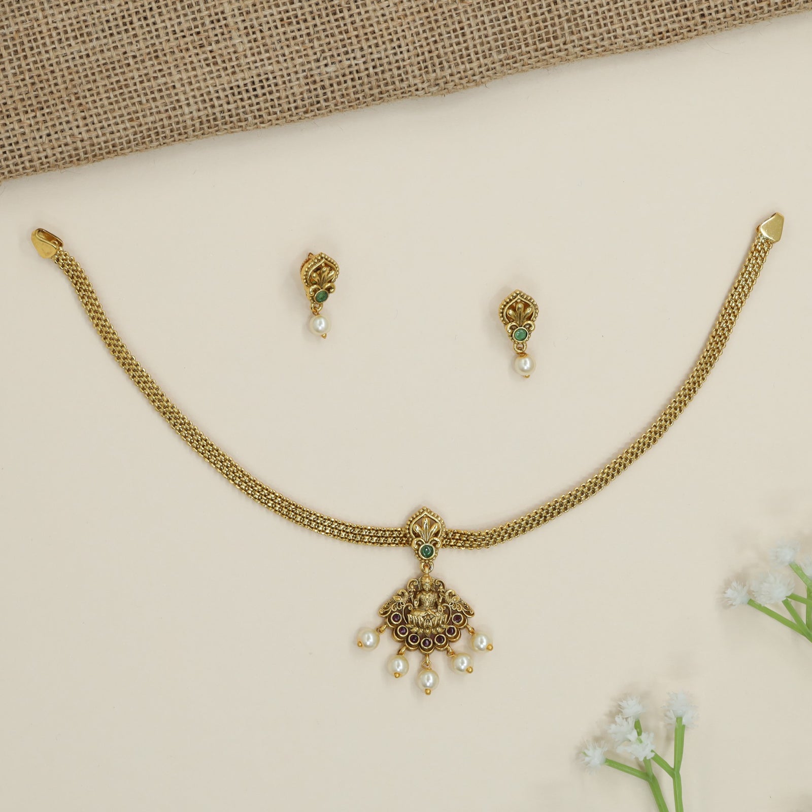 Pendant Chain Antique Necklace with Lakshmi Centerpiece and Pearl Drops