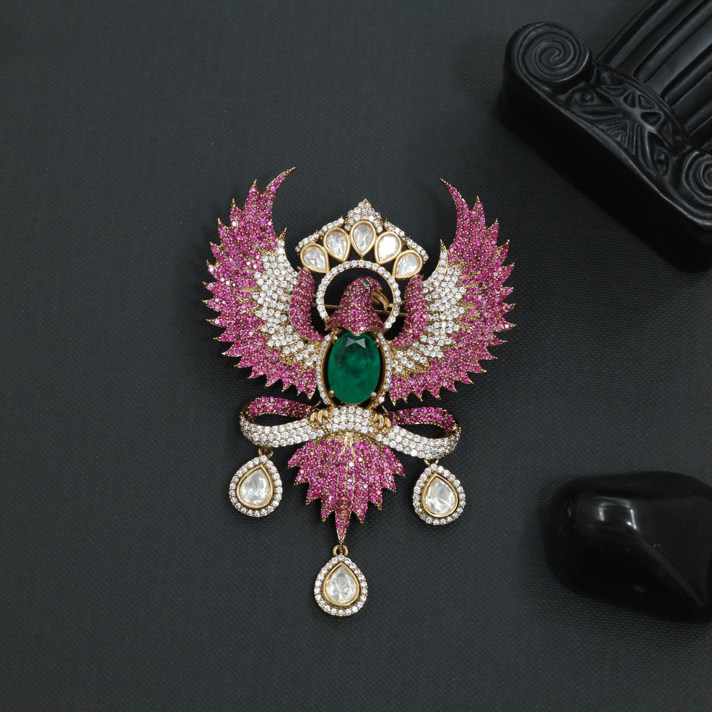 Grand Phoenix Victorian Brooch with Hanging Drop Accents
