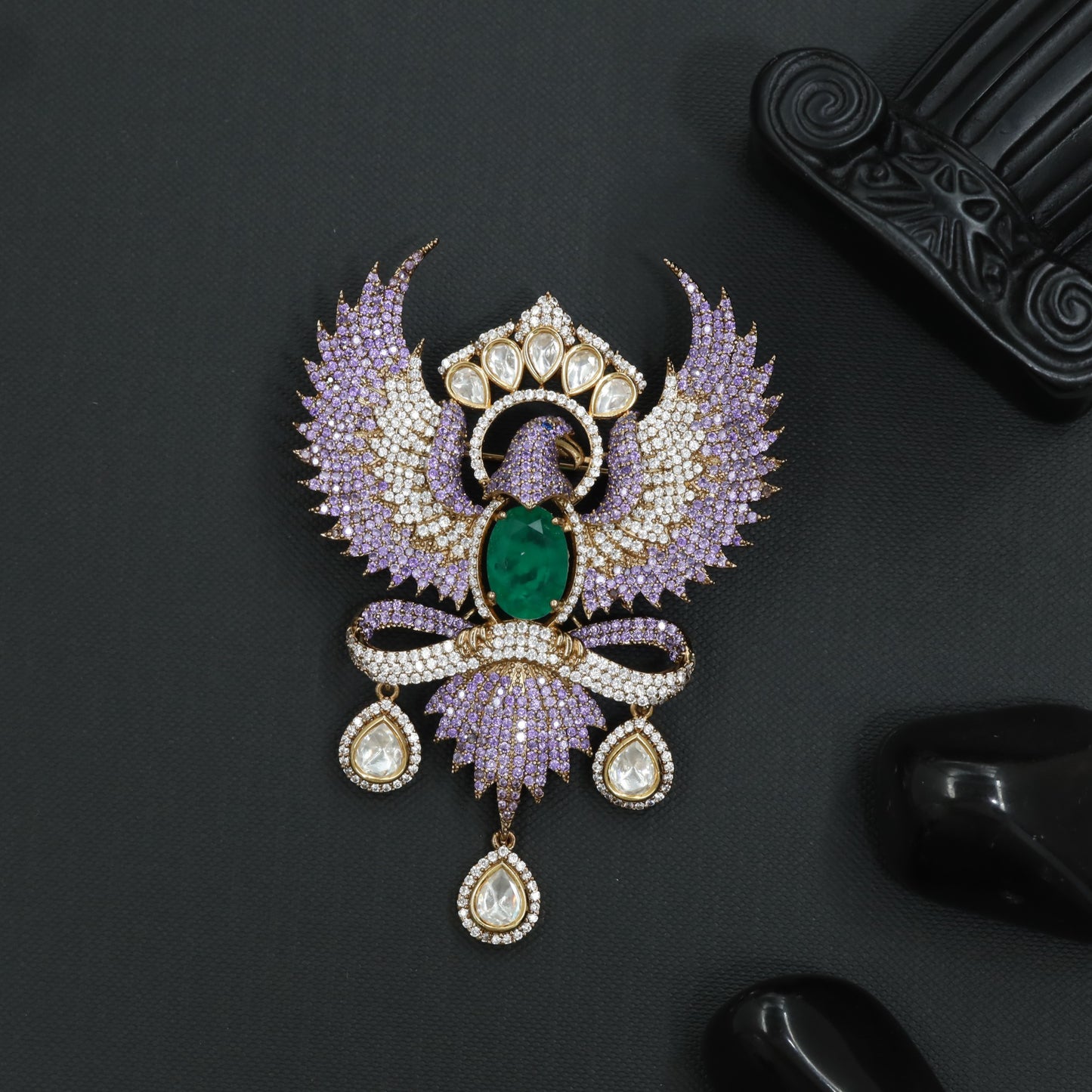 Grand Phoenix Victorian Brooch with Hanging Drop Accents