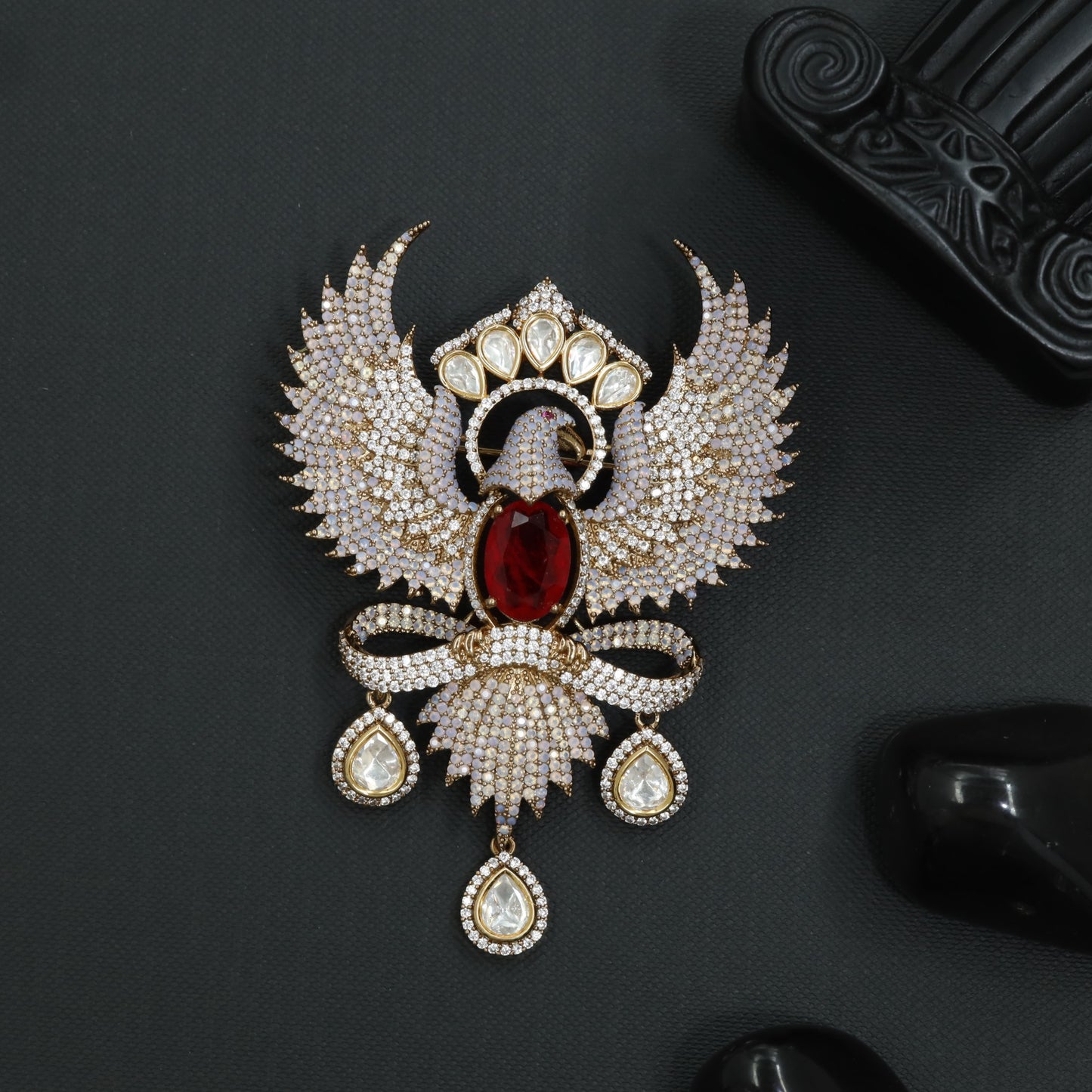 Grand Phoenix Victorian Brooch with Hanging Drop Accents
