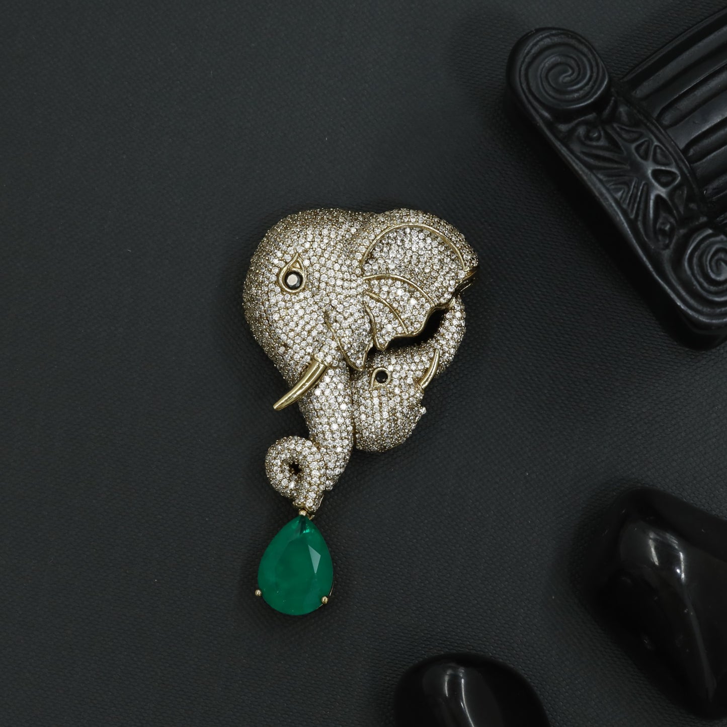 Decorative Elephant Victorian Brooch with Suspended Drop Formation