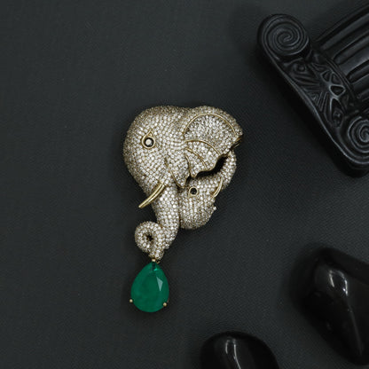 Decorative Elephant Victorian Brooch with Suspended Drop Formation