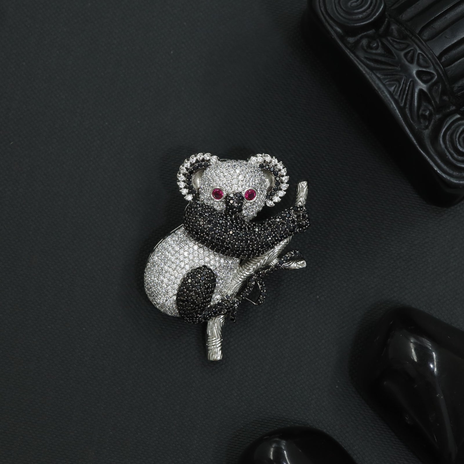 Ornamental Koala Rhodium Brooch with Curved Branch Formation