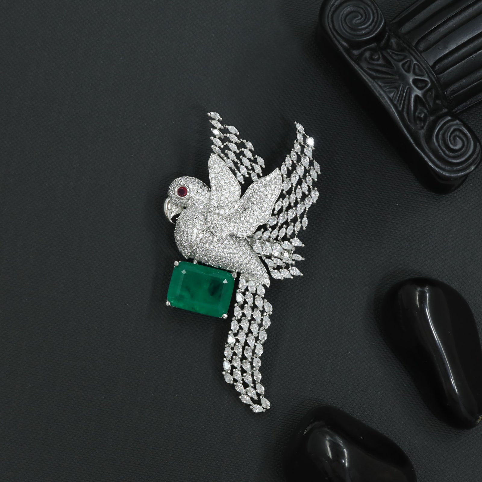 Textured Parrot Rhodium Brooch with Sculptural Wing Formation