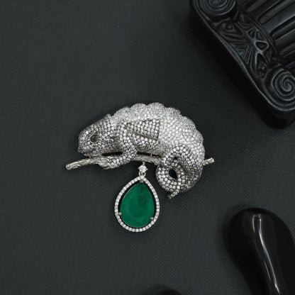 Royal Chameleon Rhodium Brooch with Hanging Drop Accent