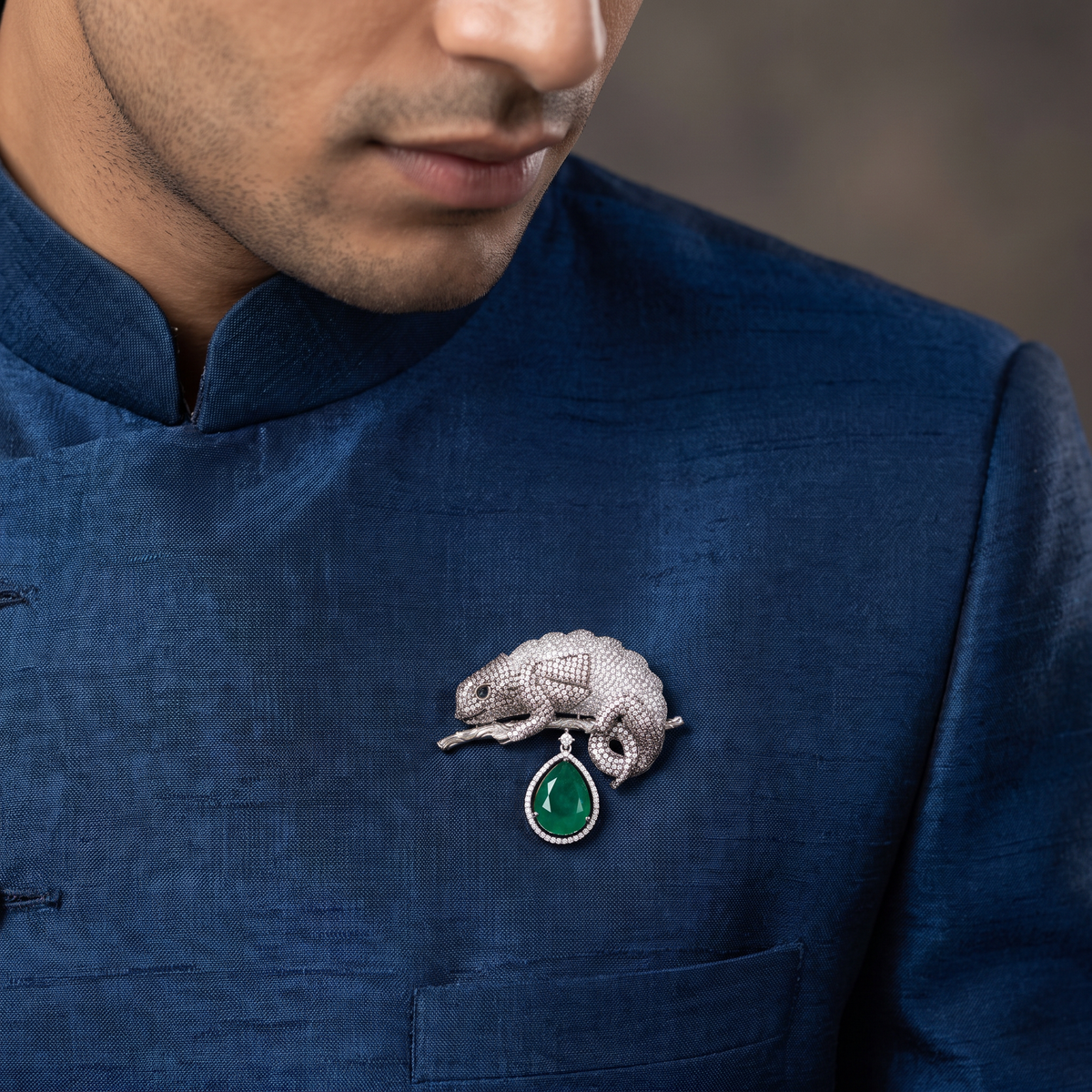 Royal Chameleon Rhodium Brooch with Hanging Drop Accent
