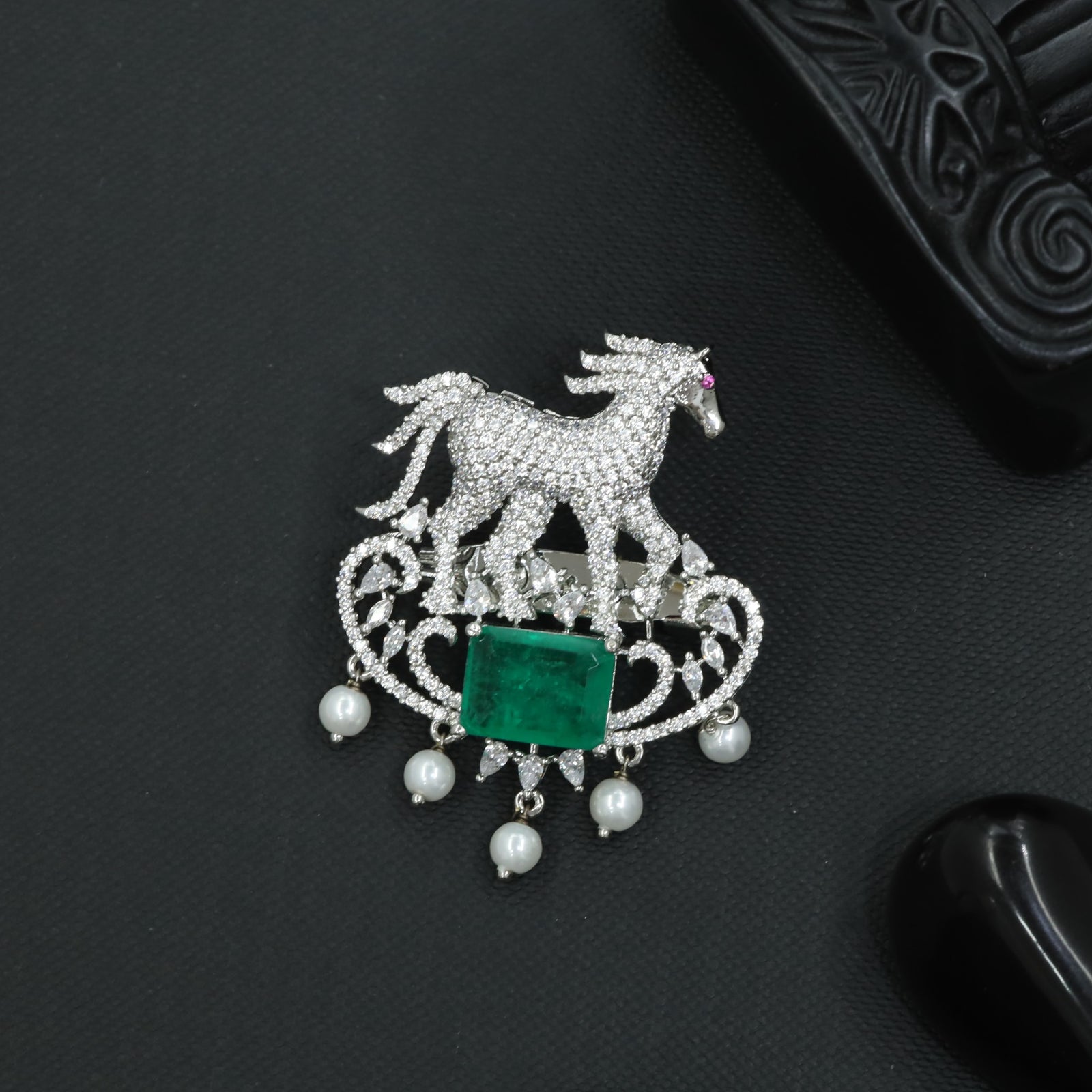 Luxury Horse Brooch with Ornamental Scroll Framework
