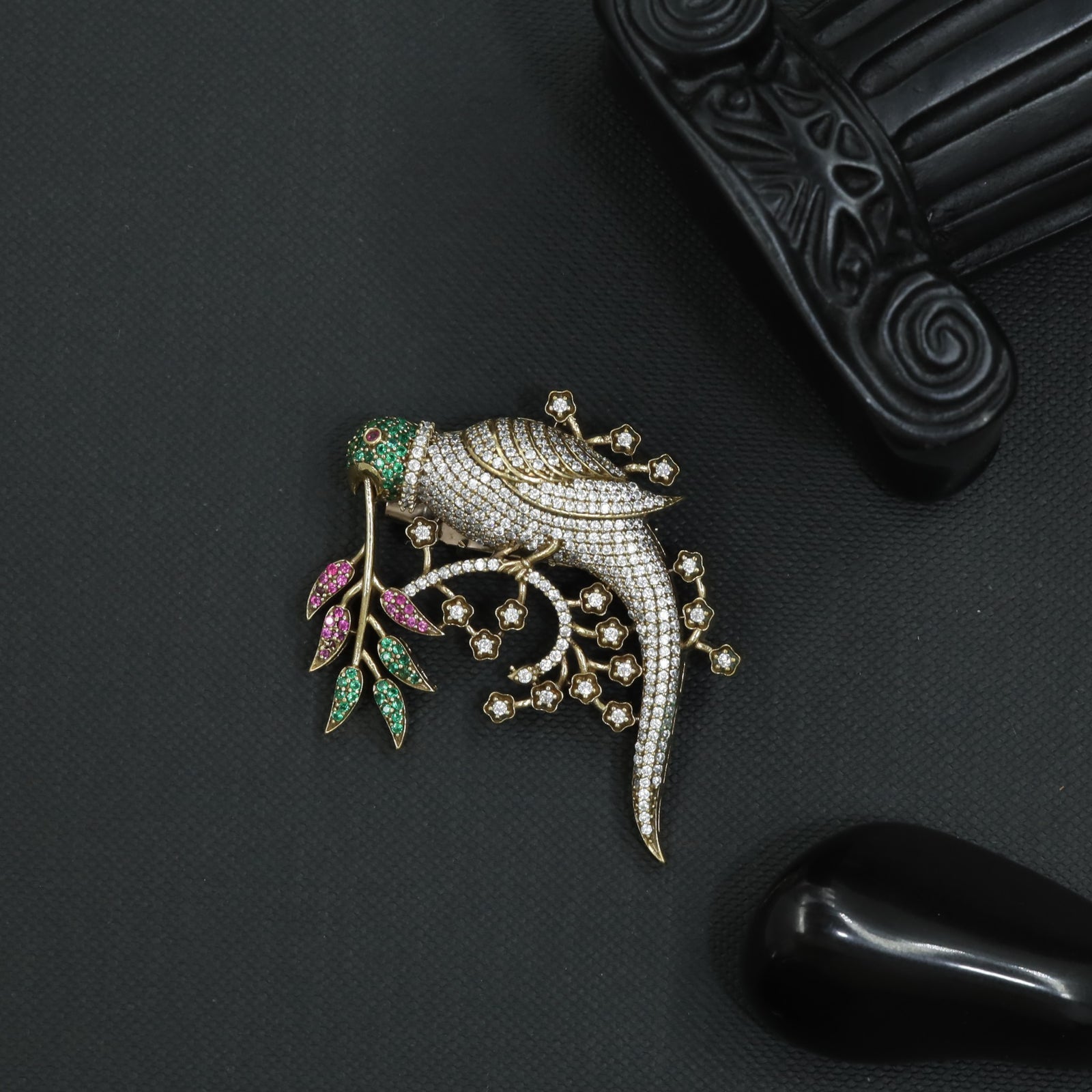 Grand Aviary Victorian Brooch with Decorative Floral Sprigs