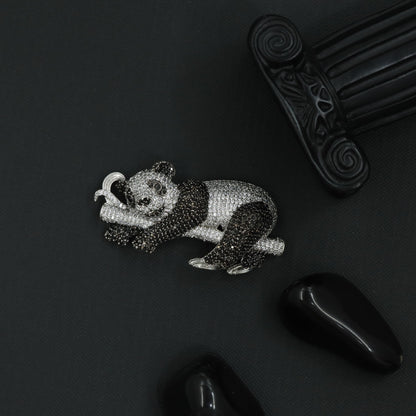 Vintage Panda Rhodium Brooch with Curved Branch Structure