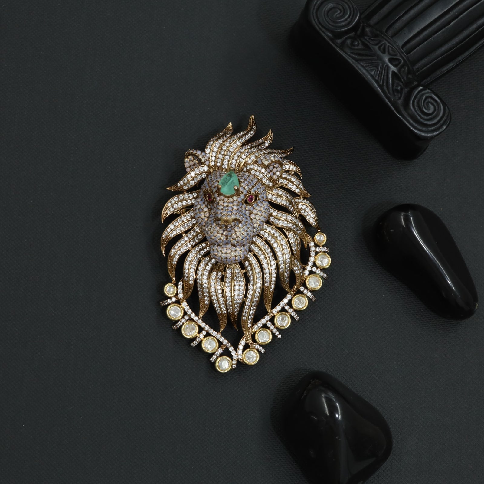 Stone Lion Brooch with Flowing Mane and Circular Border Frame
