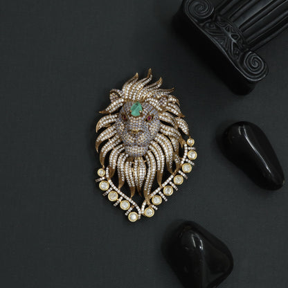 Stone Lion Brooch with Flowing Mane and Circular Border Frame