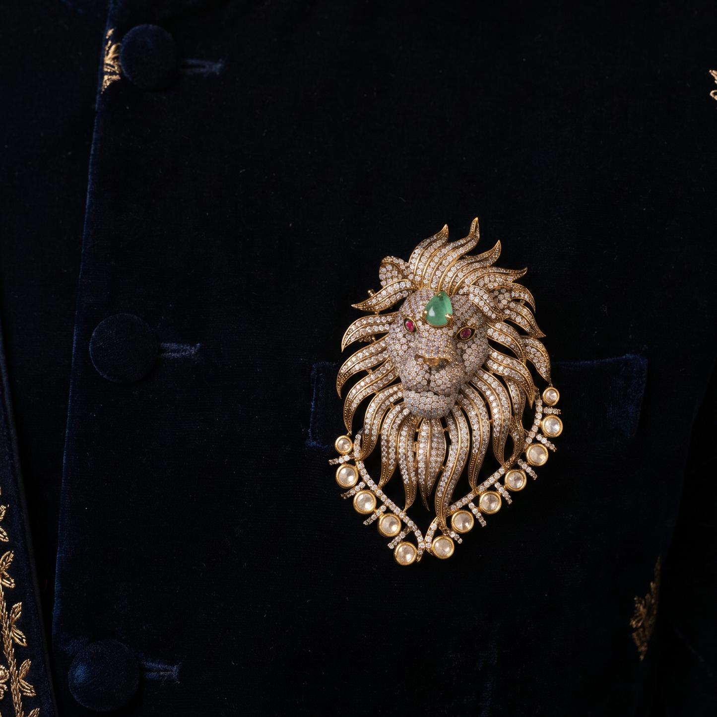 Stone Lion Brooch with Flowing Mane and Circular Border Frame