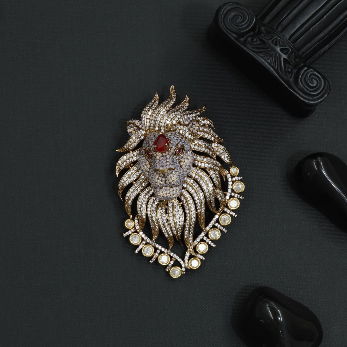 Stone Lion Brooch with Flowing Mane and Circular Border Frame