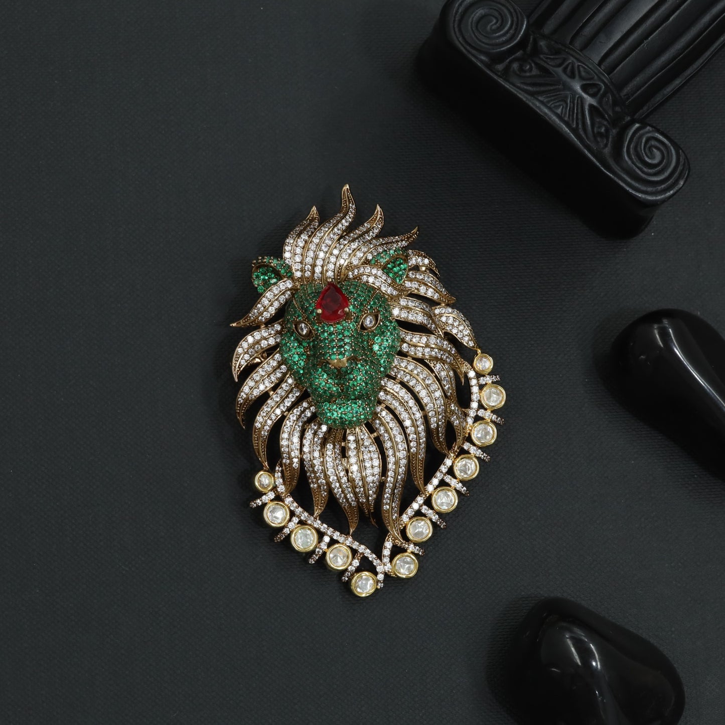 Stone Lion Brooch with Flowing Mane and Circular Border Frame