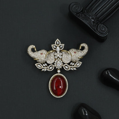 Twin Elephant Victorian Brooch with Curved Trunk Silhouettes and Oval Pendant