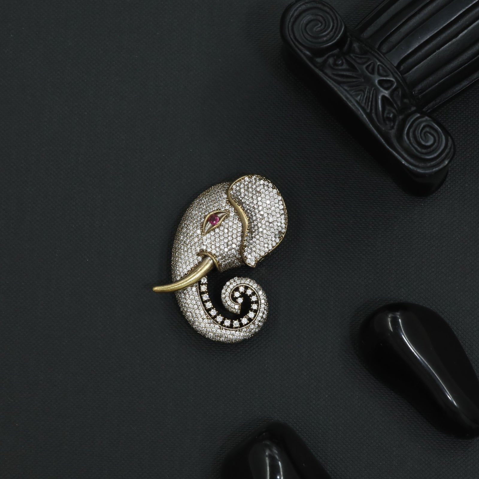 Crystal Tusker Victorian Brooch with Decorative Spiral Border Styling