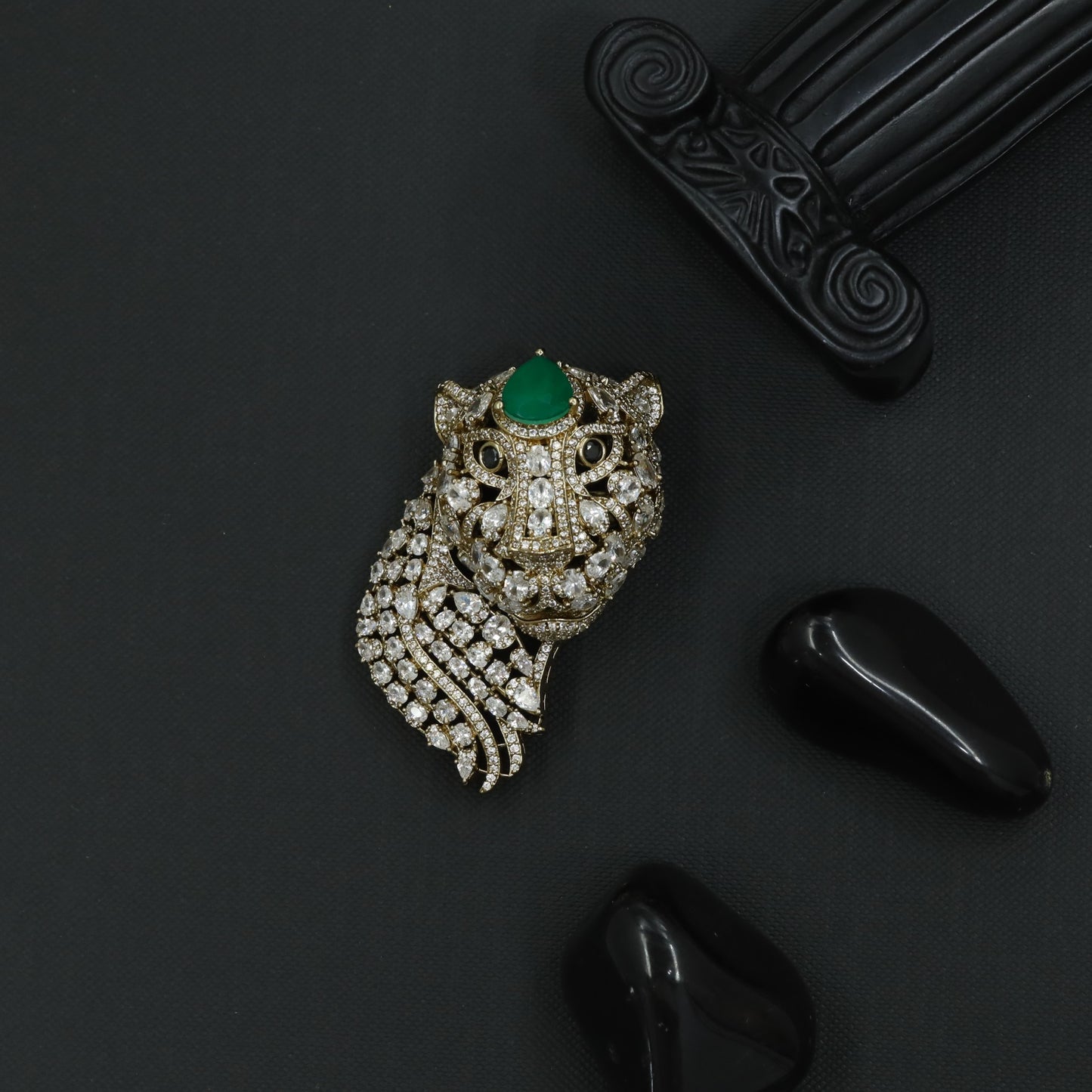 Tiger Crest Brooch with Crystal Wildcat Detailing and Curved Stripes