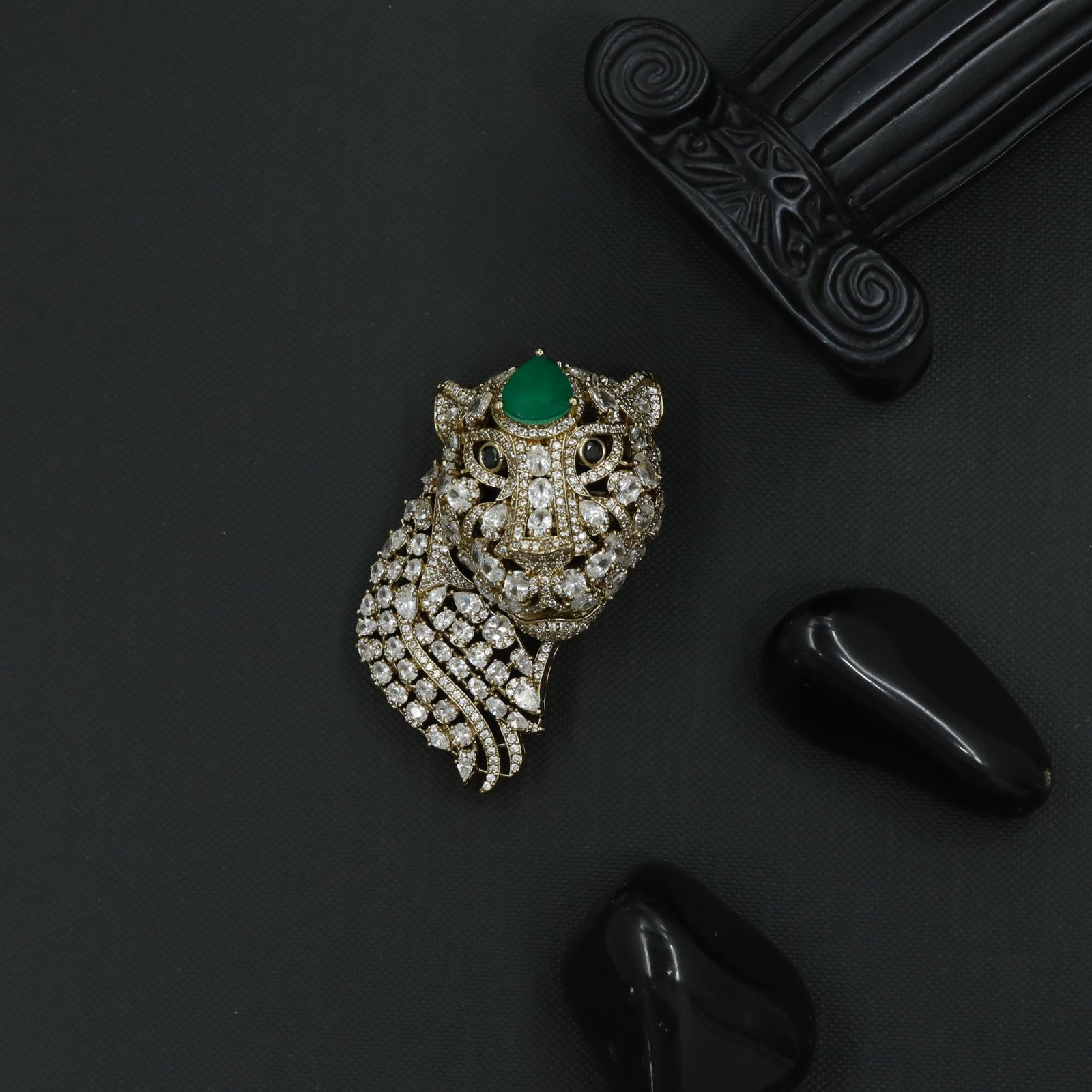 Tiger Crest Brooch with Crystal Wildcat Detailing and Curved Stripes
