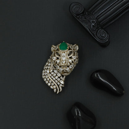 Tiger Crest Brooch with Crystal Wildcat Detailing and Curved Stripes