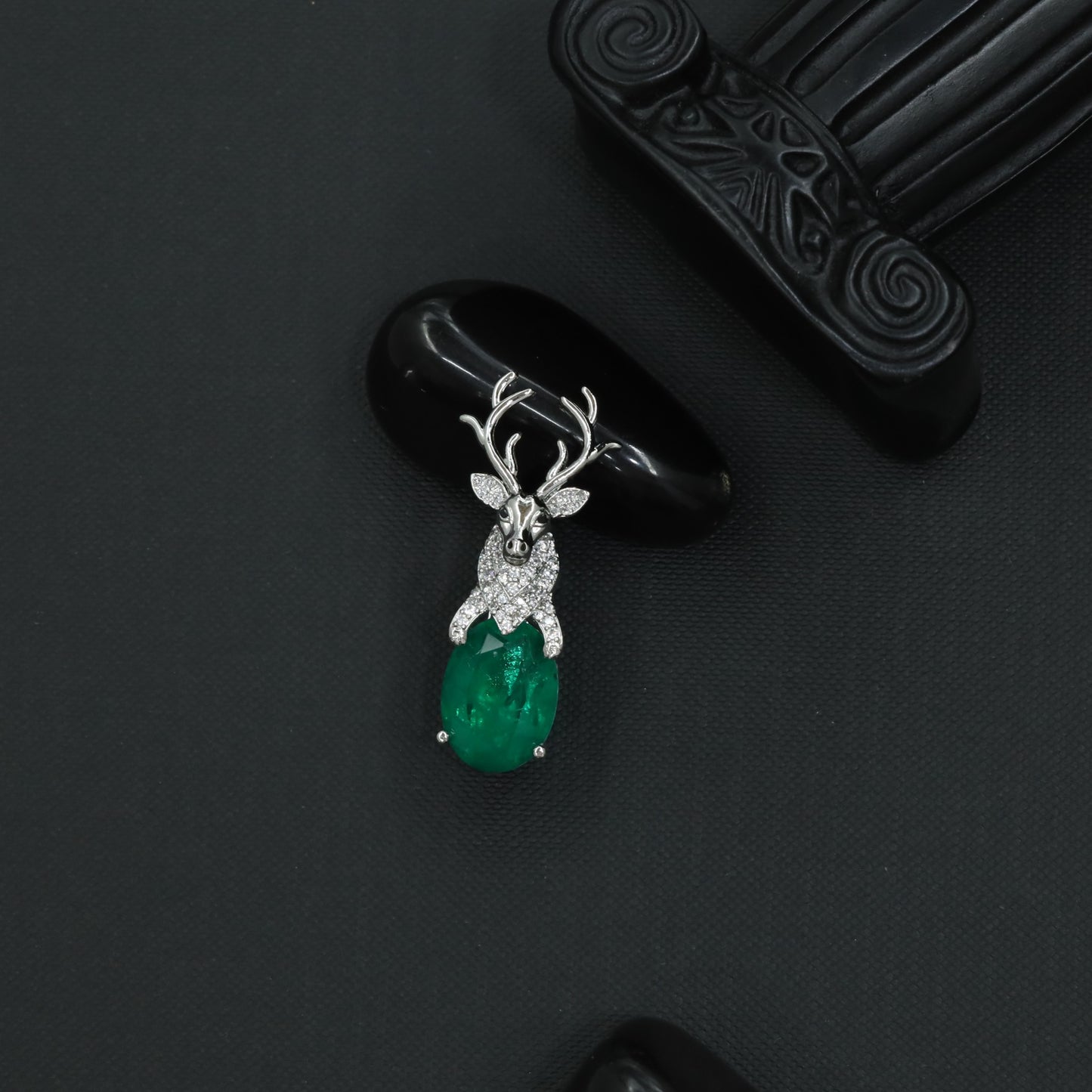 Stag Crest Brooch with Antler Silhouette and Faceted Drop Center