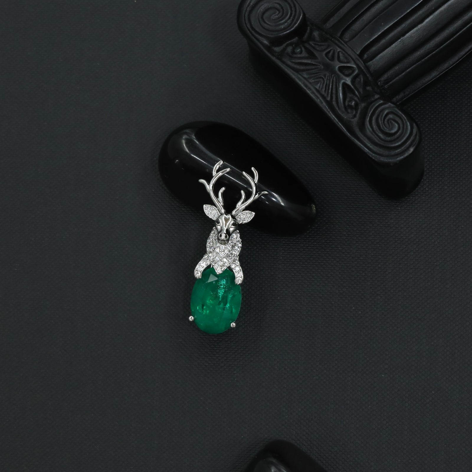 Stag Crest Brooch with Antler Silhouette and Faceted Drop Center