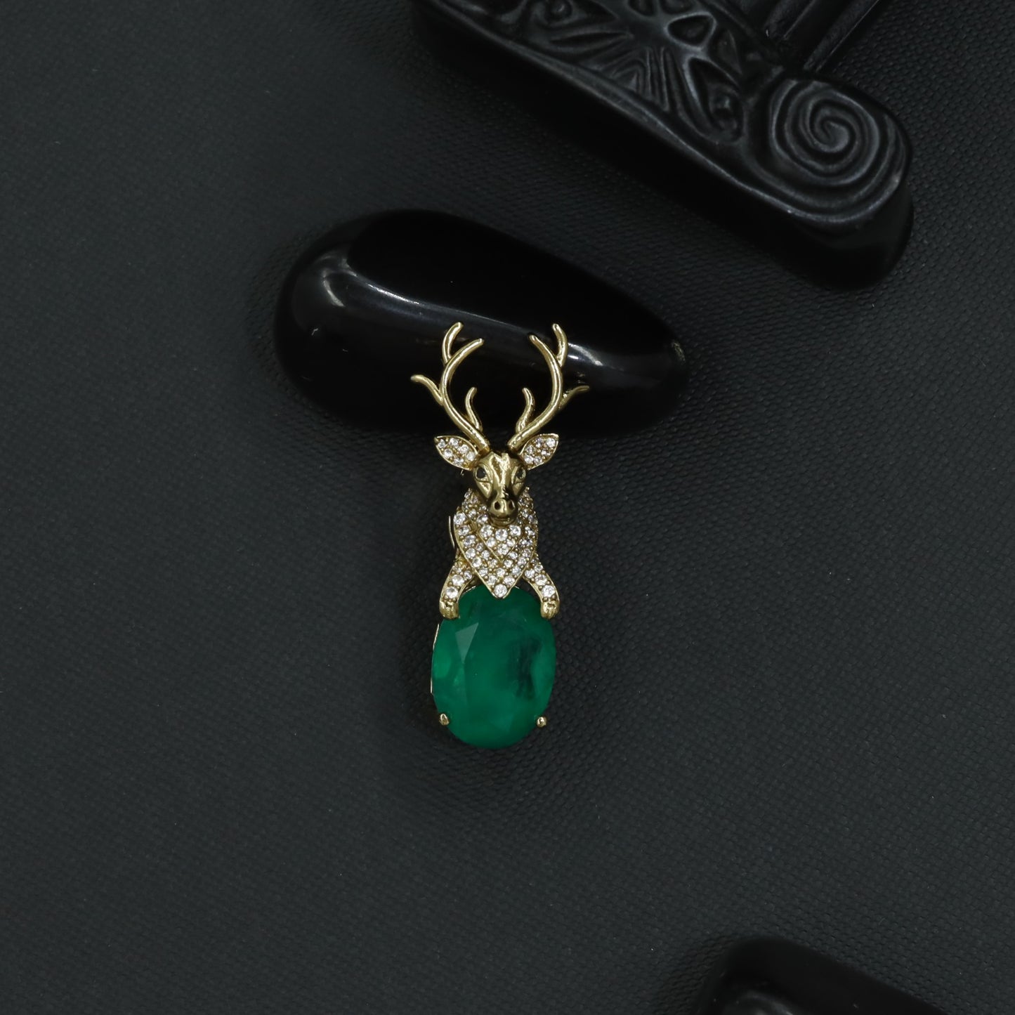 Stag Crest Brooch with Antler Silhouette and Faceted Drop Center