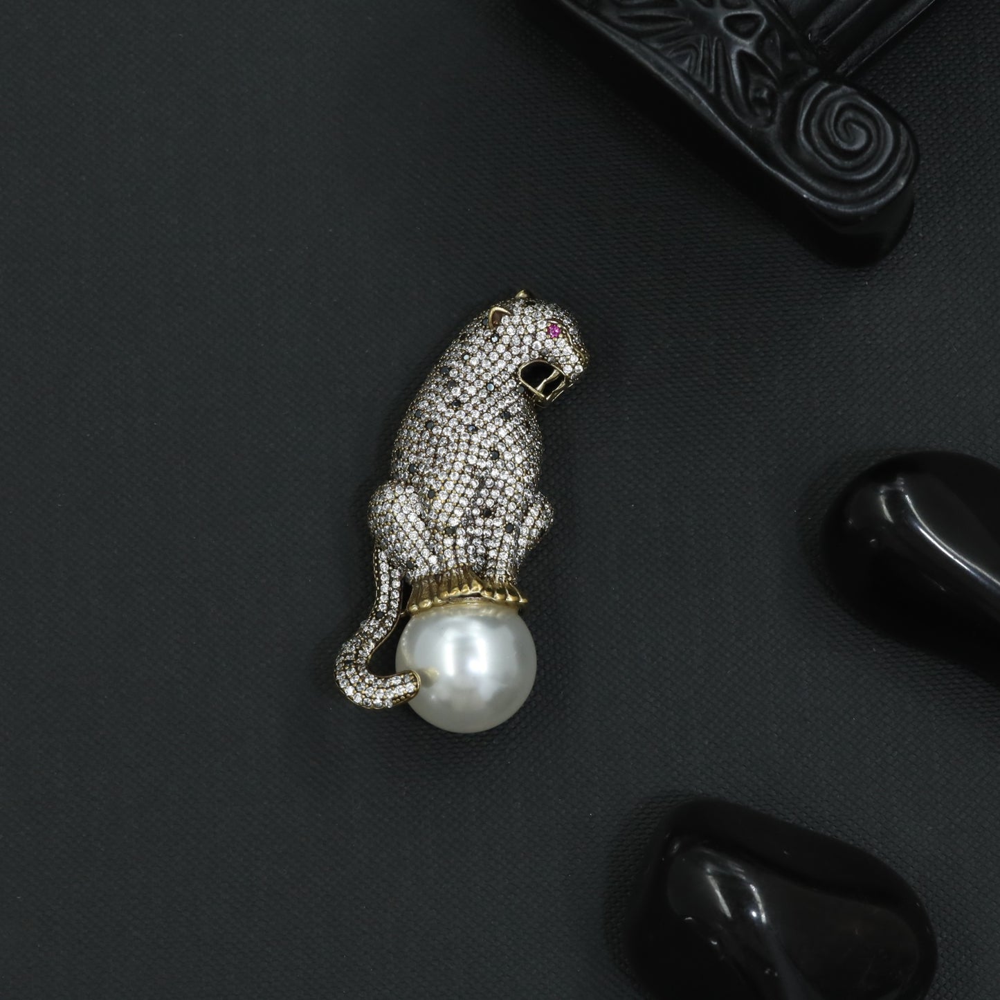 Crystal Panther Brooch with Decorative Pearl Foundation and PavÃ© Work