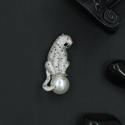 Rhodium Panther Brooch with Pearl Base