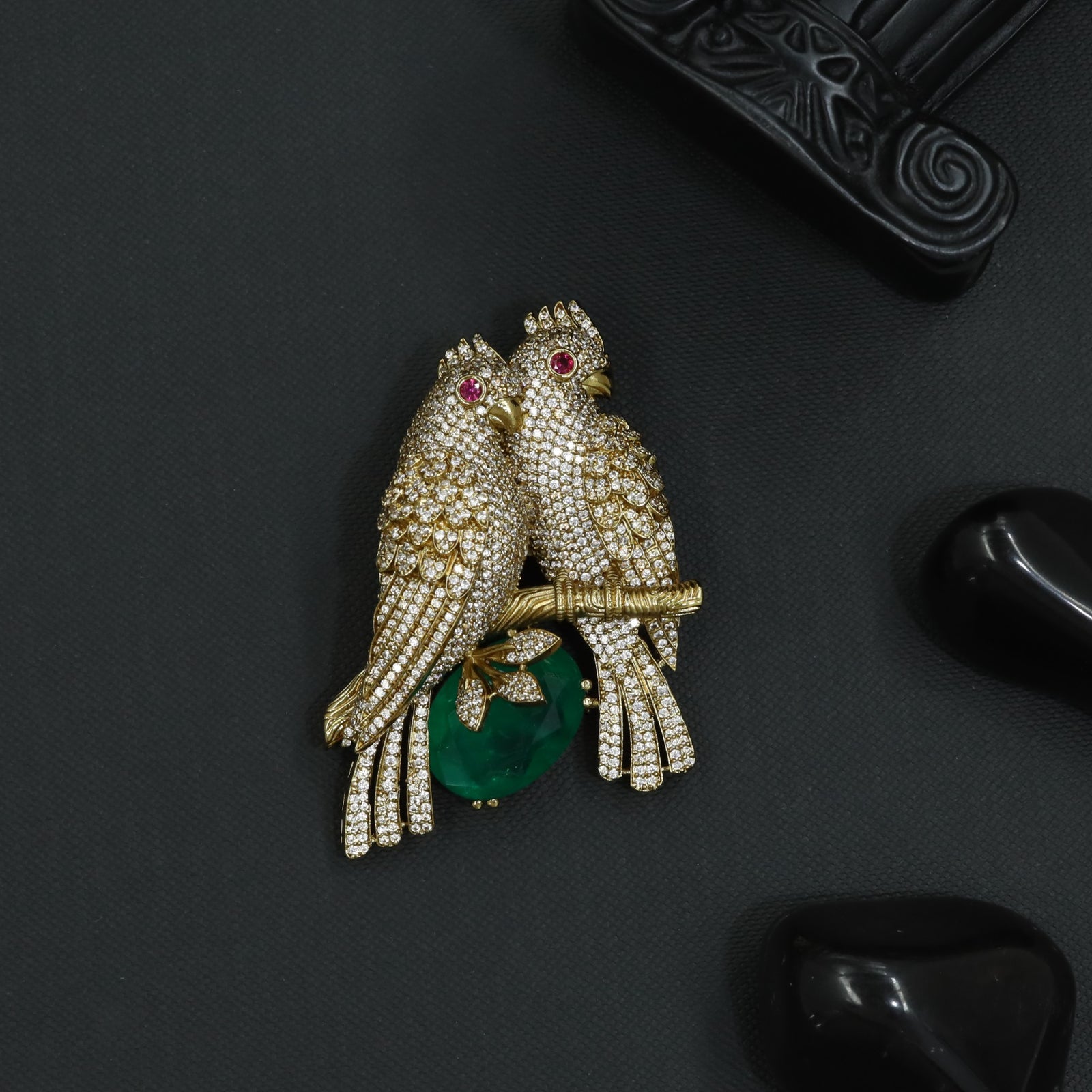 Twin Parrot Brooch with PavÃ© Feather Detailing and Branch Layout