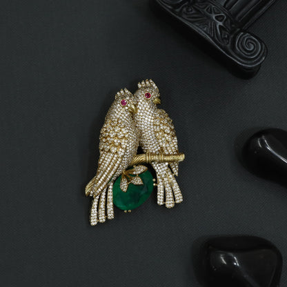 Twin Parrot Brooch with Pavé Feather Detailing and Branch Layout