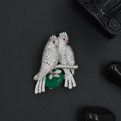 Twin Parrot Brooch with PavÃ© Feather Detailing and Branch Layout