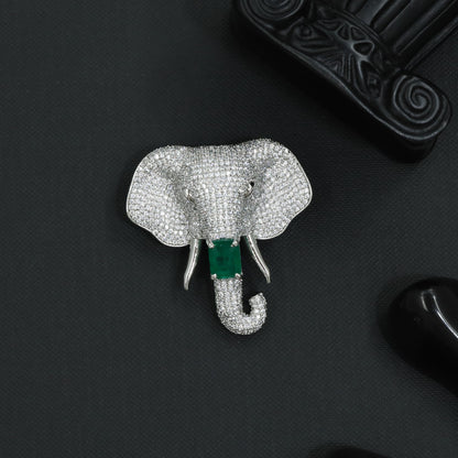 Ivory Crown Rhodium Brooch with Elephant Face and Surface