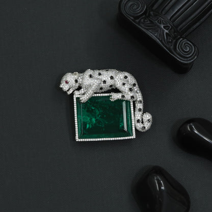 Imperial Panther Rhodium Brooch with Geometric Centerpiece and PavÃ© Surface