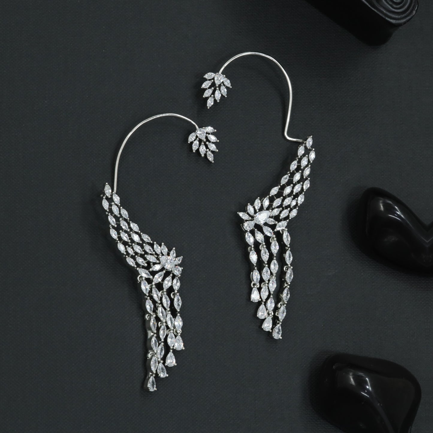Curved Feather Earcuff with Cascading Fringe Drops