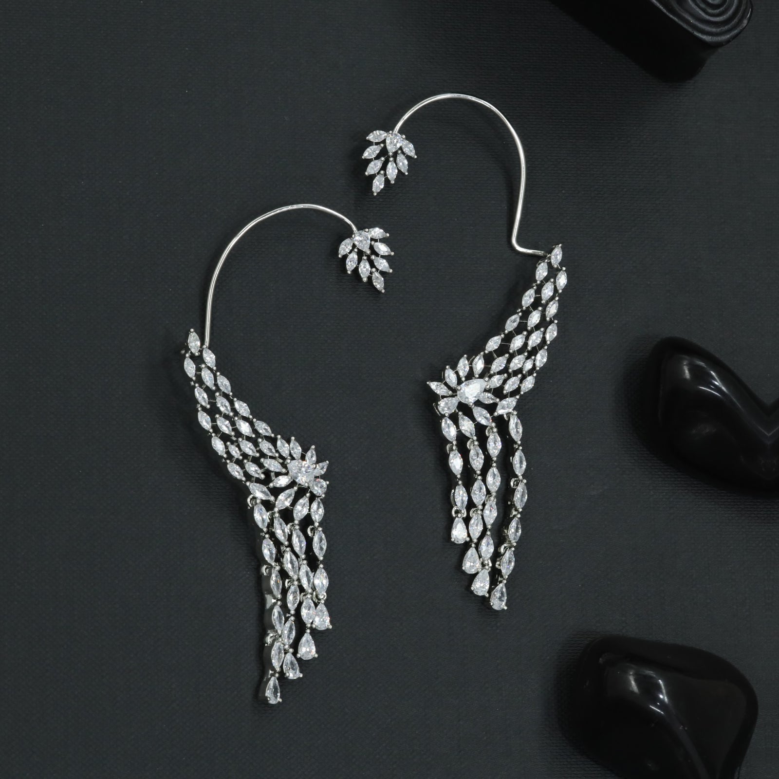 Curved Feather Earcuff with Cascading Fringe Drops