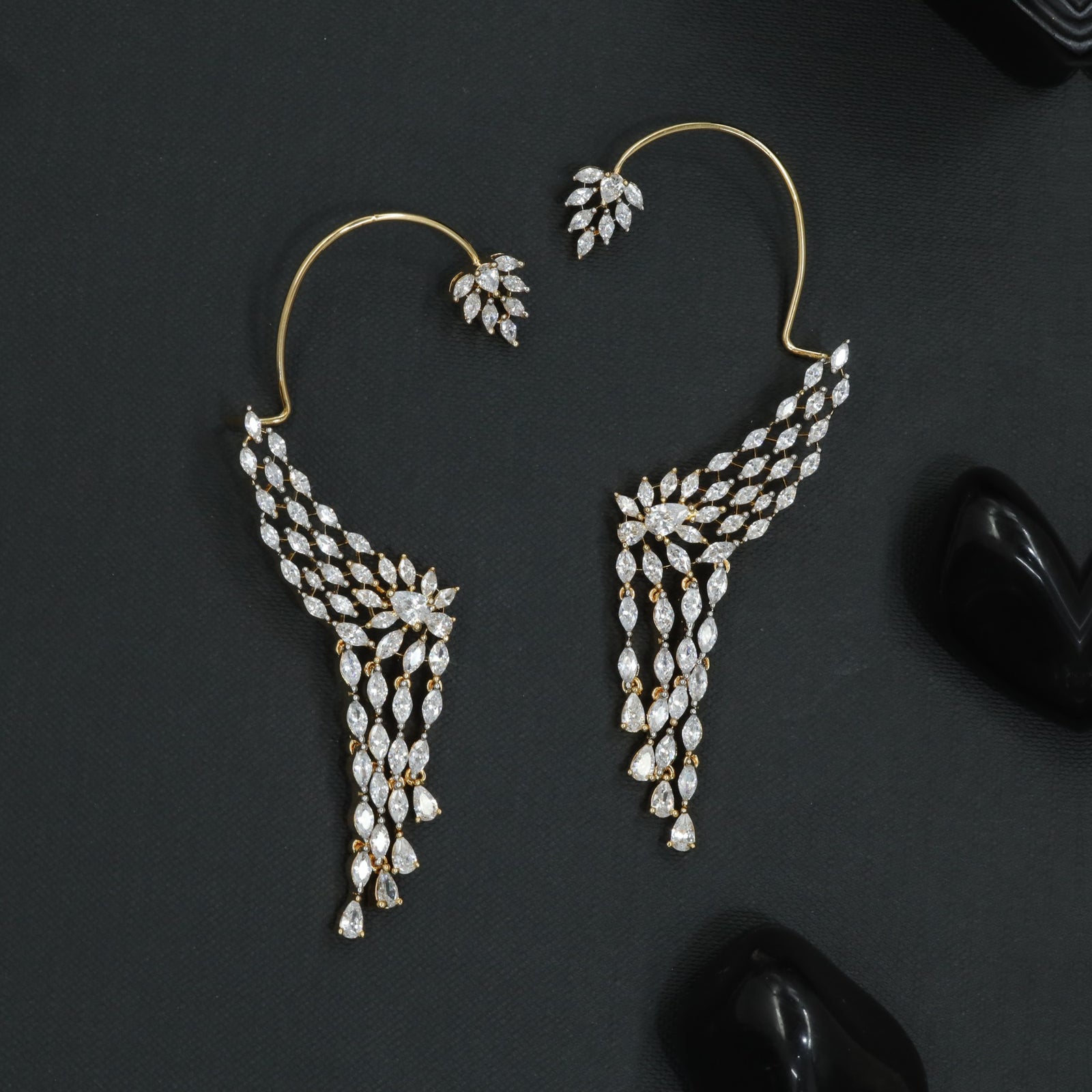 Curved Feather Earcuff with Cascading Fringe Drops