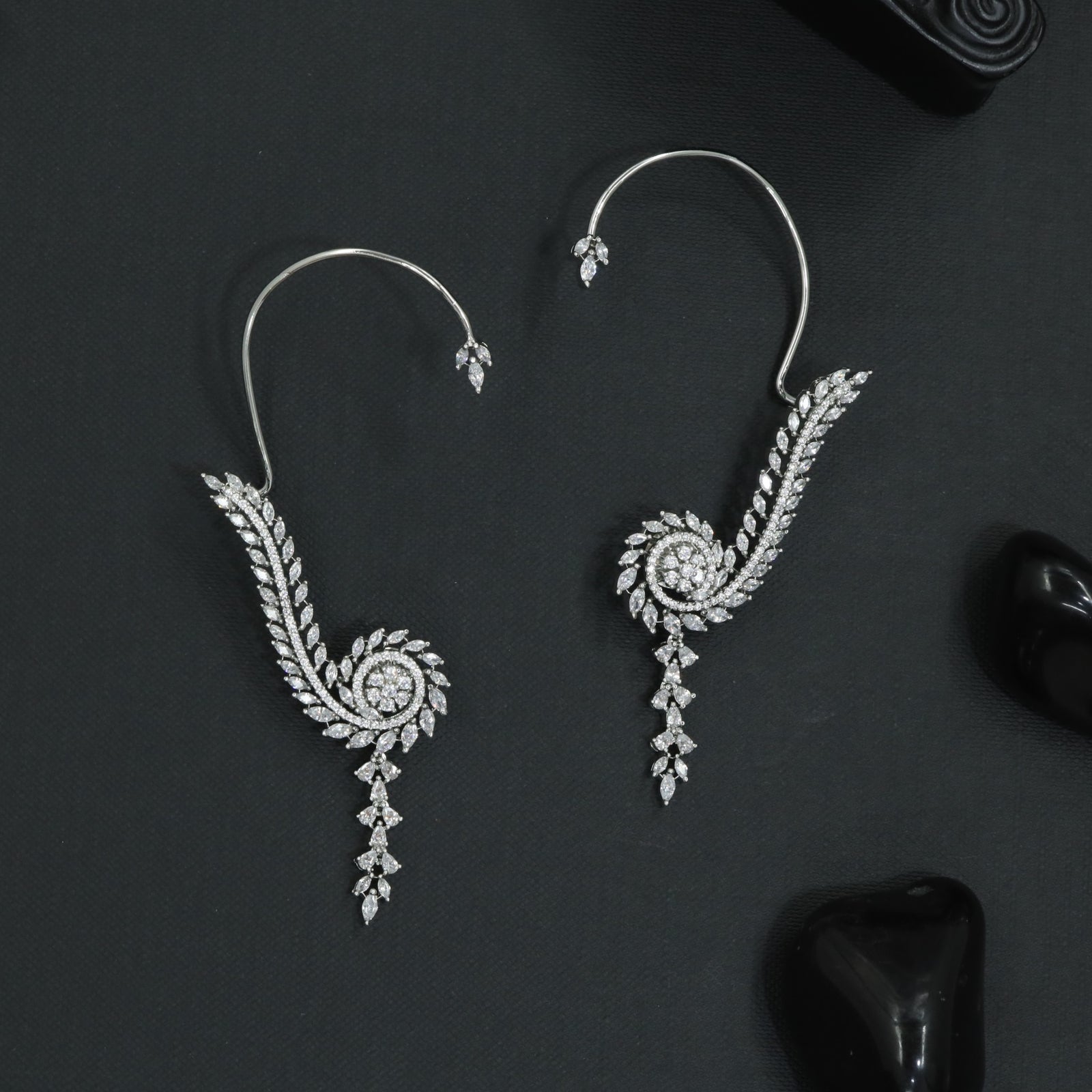 Feather Spiral Earcuff with Cascading Drop Fringe