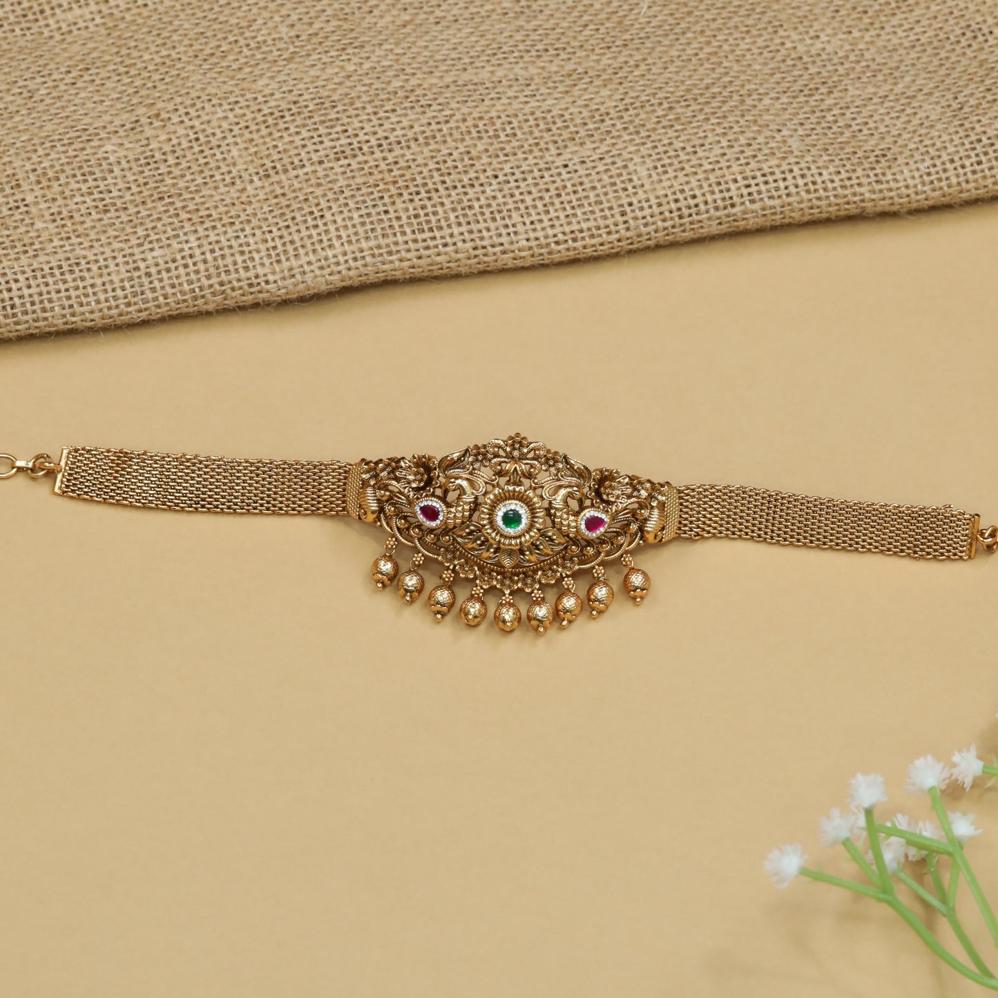 Granule Peacock Baju Band with Side Mesh Straps and Hanging Beads