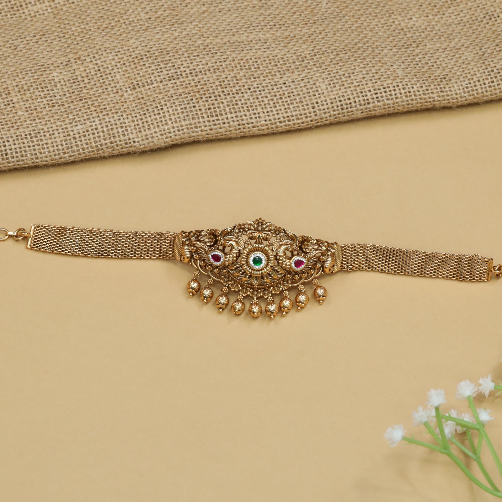 Granule Peacock Baju Band with Side Mesh Straps and Hanging Beads